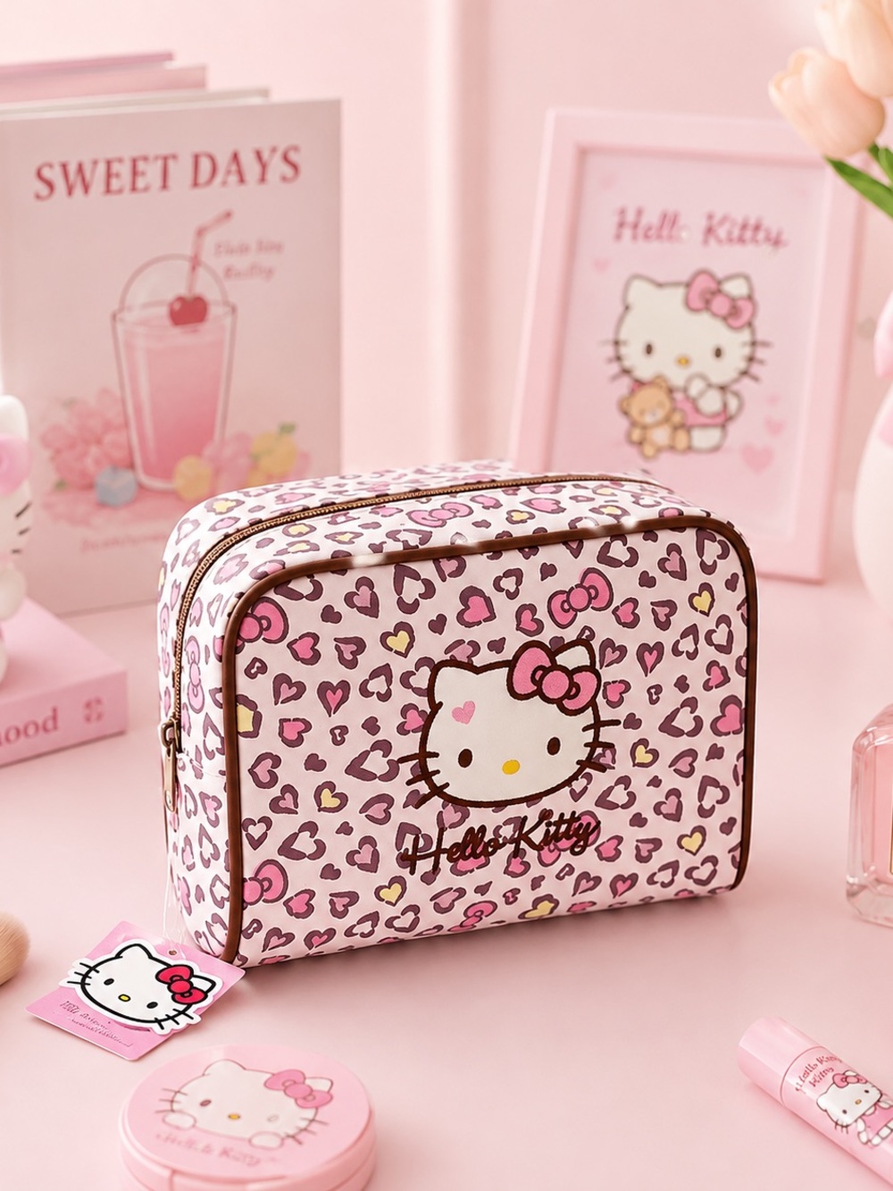 Hello Kitty Pink Leopard Heart Print Cosmetic Pouch